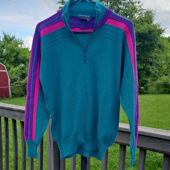Vintage 90s Meister Teal Pullover Sweater Sz M – Colorblock Stripes - Picture 1 of 7
